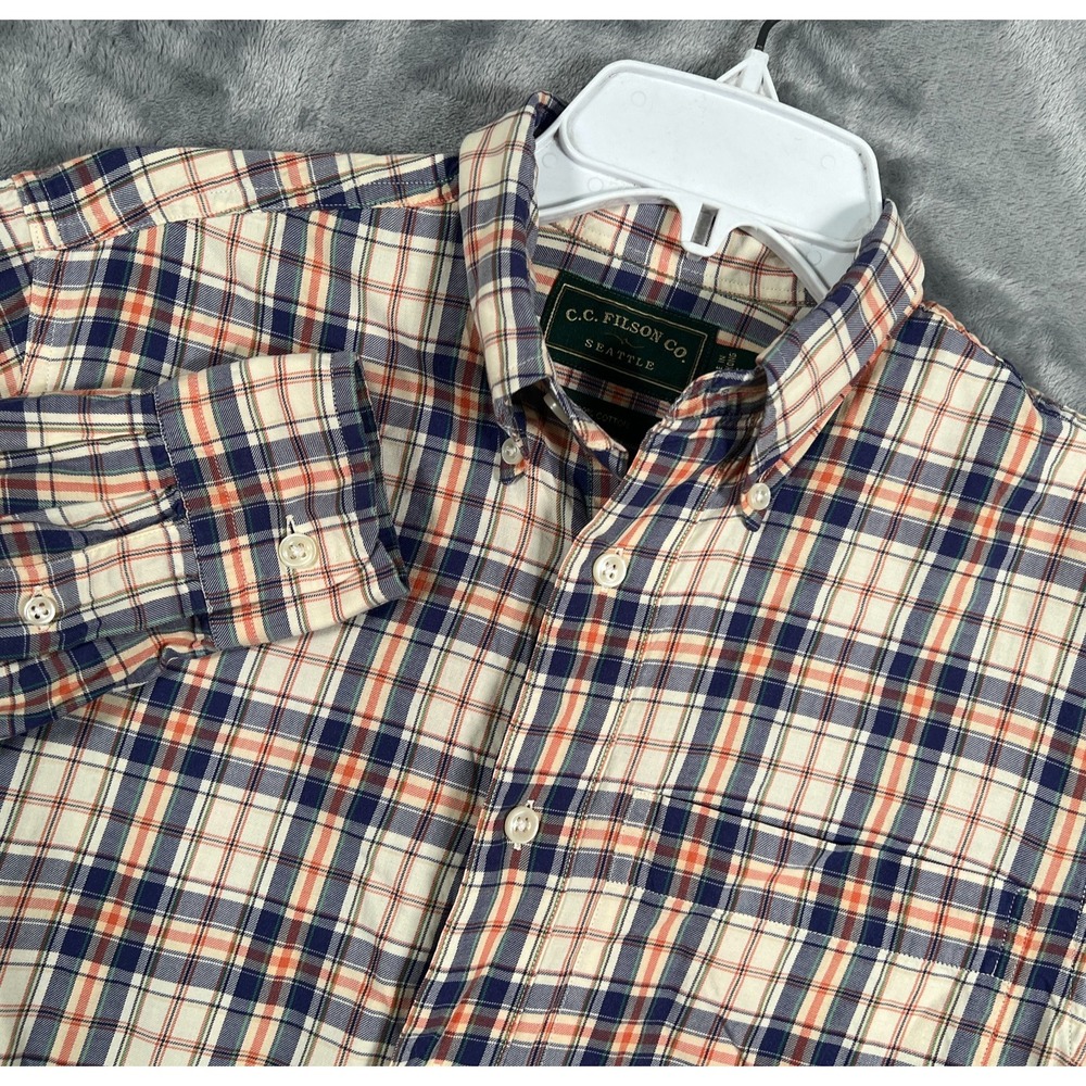 Vintage CC Filson Button Down Shirt Mens XS Plaid Beige Blue Long Sleeve Pocket